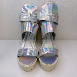 Jennifer Chou Baker Iridescent Holographic Silver Ankle Strap Platform Heels, 7